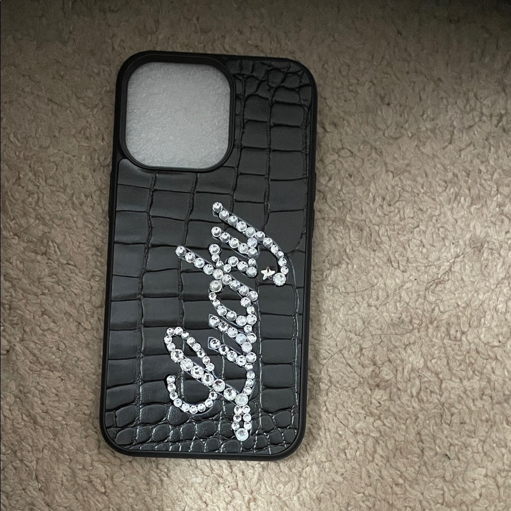 Black Crocodile Pattern Phone Case with Rhinestone Design